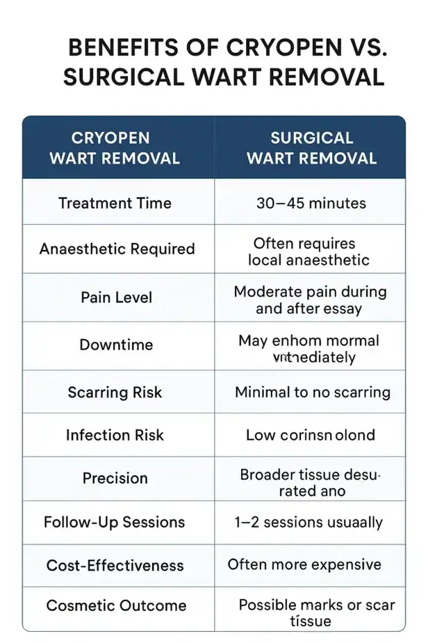 Table showing the benefits of cryopen to remove warts Billingshurst compared to surgical treatment